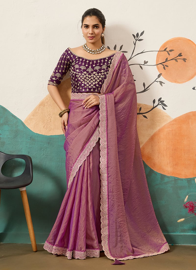 Light Purple Organza Embroidered Sequin Saree Festive Wear