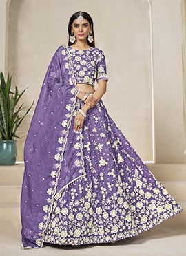 Light Purple Organza Embroidered Sequins Lehenga Wedding Wear
