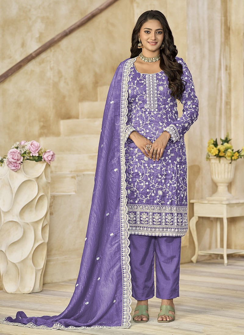 Light Purple Organza Embroidered Sequins Straight Pant Suit Festive Wear