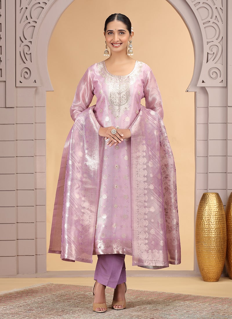 Light Purple Organza Jacquard Zari Sequins Beads Hand Embroidered Straight Pant Suit Festive Wear