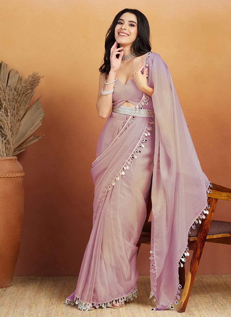 Light Purple Organza Teardrop Lace Border Saree After Six Wear
