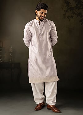 Light Purple Rayon Embroidered Kurta Pyjama For Men