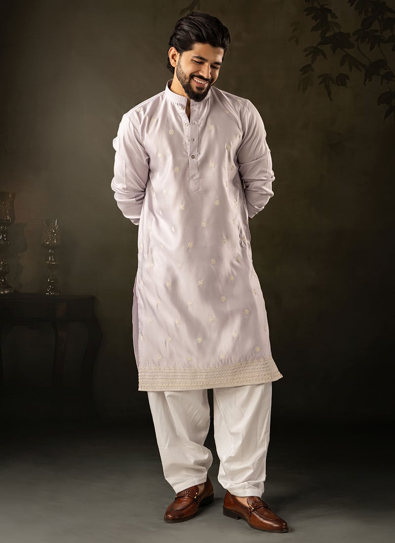 Light Purple Rayon Embroidered Kurta Pyjama For Men Festive Wear