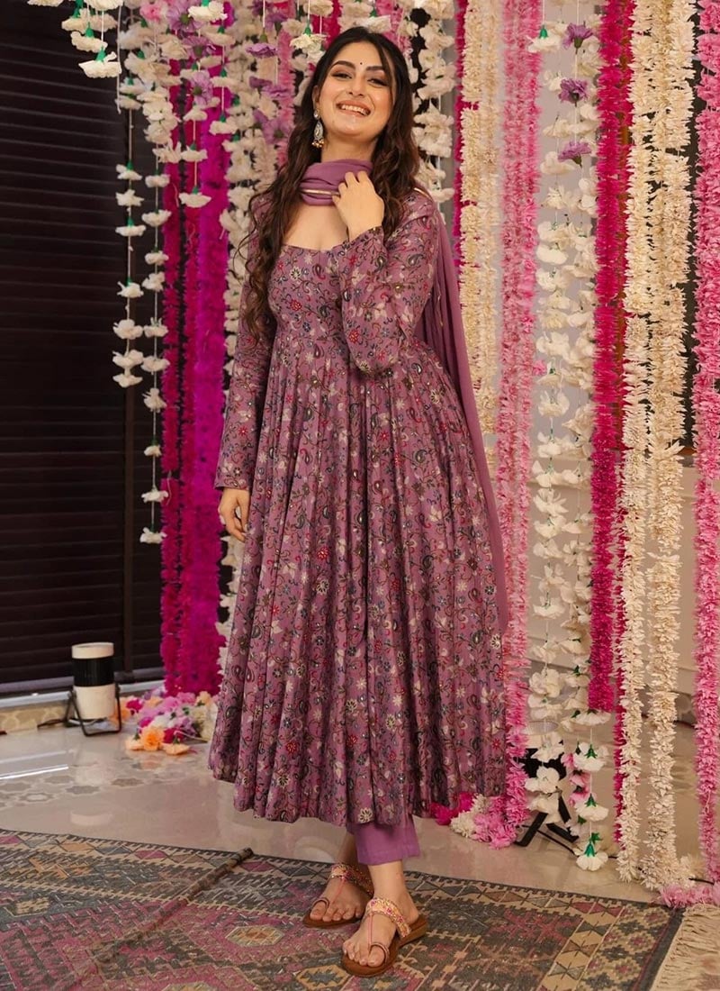 Light Purple Rayon Foil Print Anarkali Suit  After Six Wear