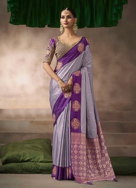 Light Purple Satin Silk Zari Embroidered Sequins Saree