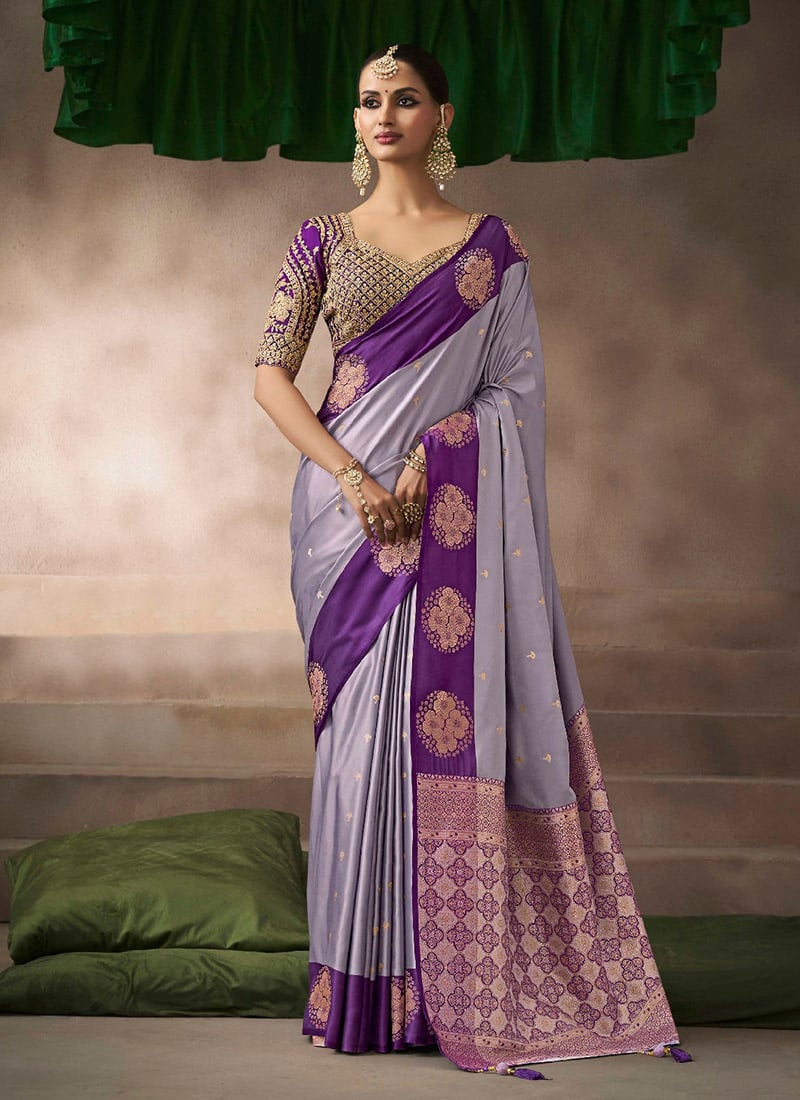 Light Purple Satin Silk Zari Embroidered Sequins Saree Festive Wear