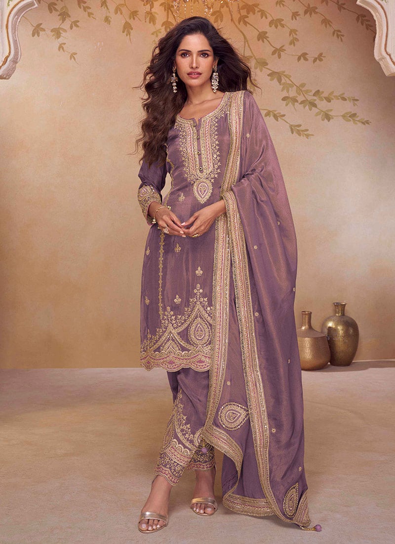 Light Purple Shimmer Silk Zari Embroidered Sequins Straight Pant Suit Festive Wear