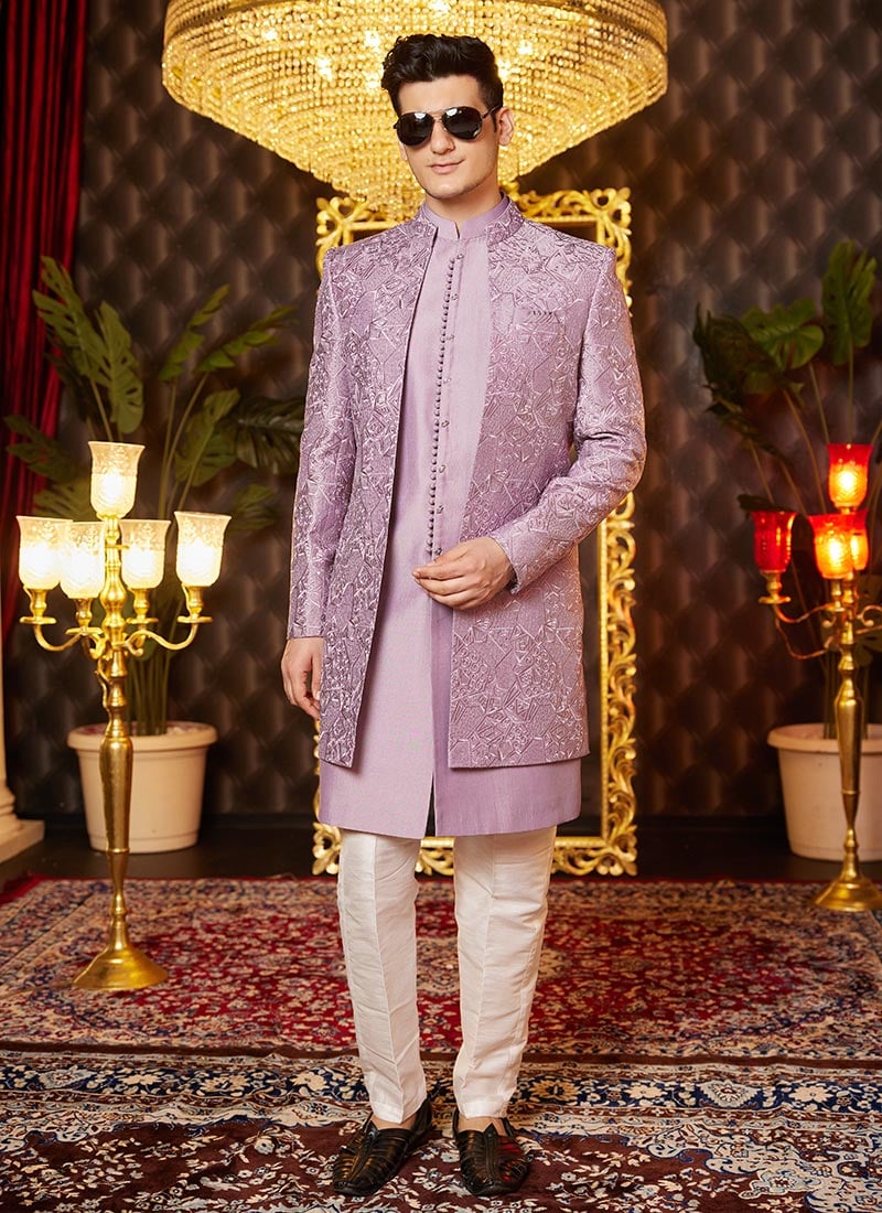 Light Purple Silk Embroidered And Sequins Thread Indowestern Sherwani Wedding Wear