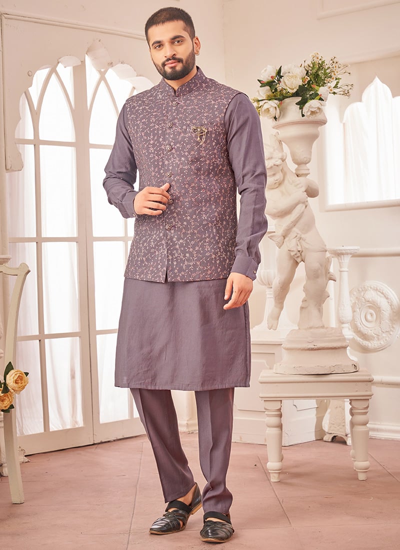 Light Purple Silk Embroidered Bandi Set Festive Wear