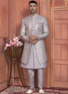 Light Purple Silk Embroidered Indowestern Sherwani Pakistani Style
