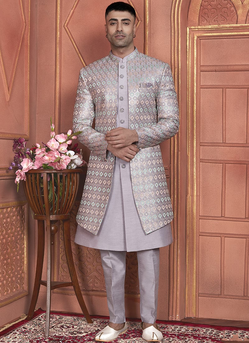 Light Purple Silk Embroidered Indowestern Sherwani Pakistani Style Wedding Wear