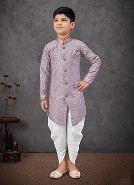 Light Purple Silk Embroidered Sequins Boys Indowestern Sherwani With Dhoti
