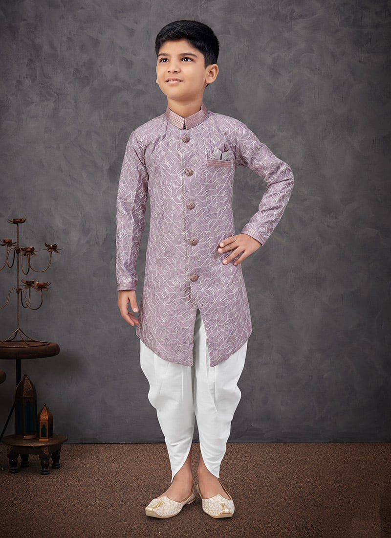 Light Purple Silk Embroidered Sequins Boys Indowestern Sherwani With Dhoti  Wedding Wear