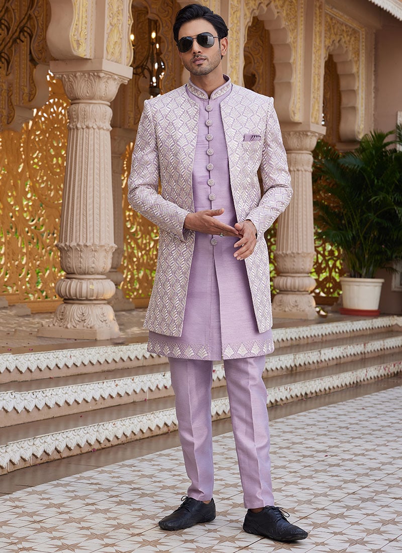 Light Purple Silk Embroidered Sequins Indowestern Sherwani Wedding Wear