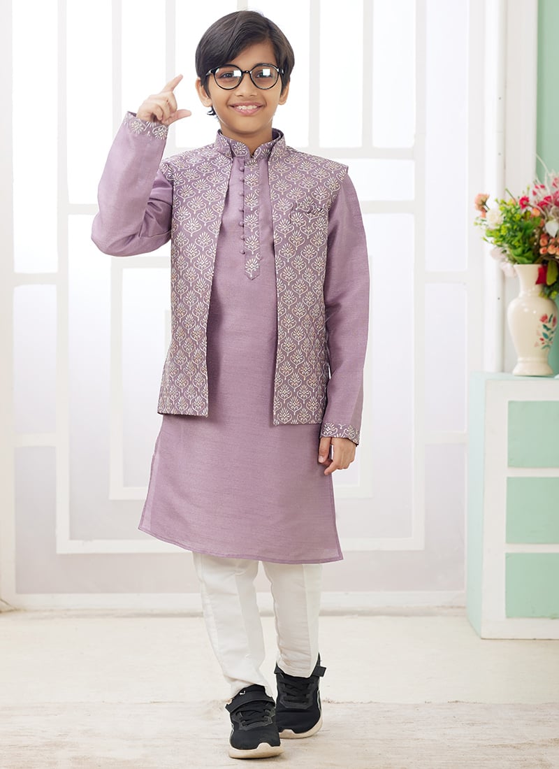 Light Purple Silk Embroidered Sequins Kids Boys Bandi Set