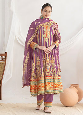 Light Purple Silk Embroidered Sequins Mirror Work A Line Anarkali Suit