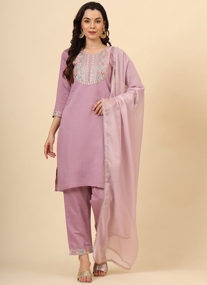 Light Purple Silk Embroidered Sequins Straight Pant Suit After Six Wear