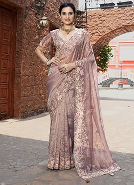 Light Purple Silk Hand Embroidered Stone And Beads Work Saree