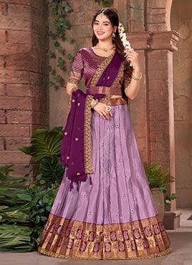 Light Purple Silk Jacquard Zari Embroidered Sequins With Stone Work Lehenga