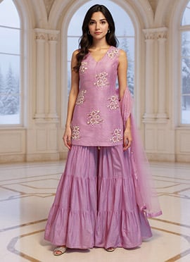 Light Purple Silk Moti Hand Embroidered Sharara Suit