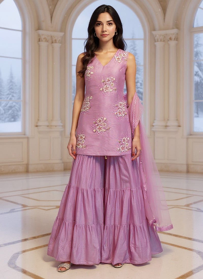 Light Purple Silk Moti Hand Embroidered Sharara Suit Festive Wear