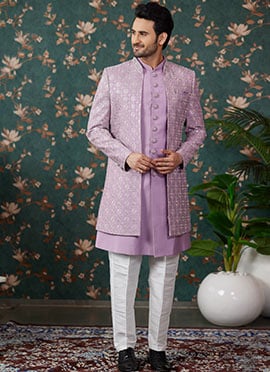 Light Purple Silk Thread Embroidered And Sequins Indowestern Sherwani