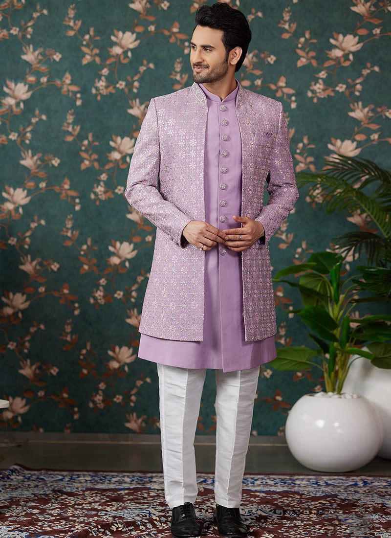 Light Purple Silk Thread Embroidered And Sequins Indowestern Sherwani Wedding Wear