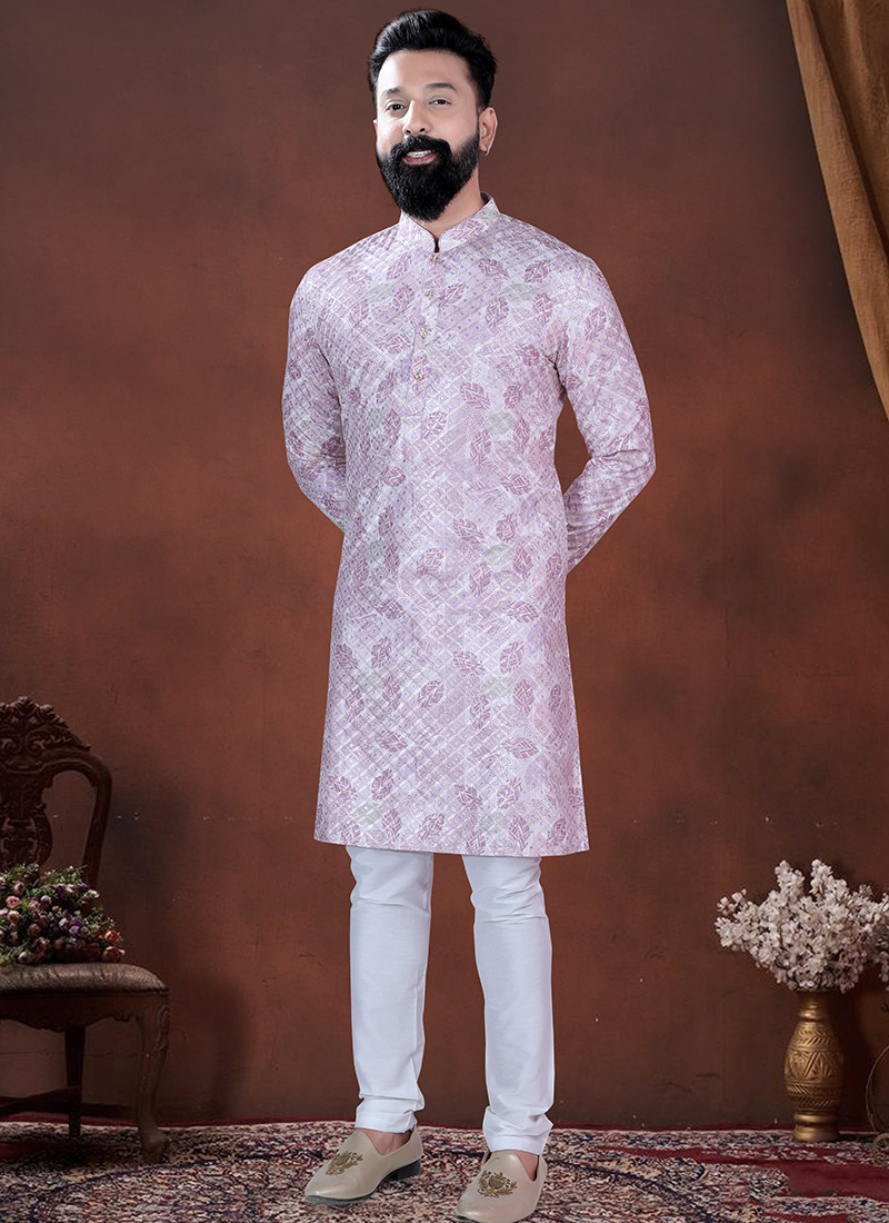 Light Purple Soft Cotton Thread Embroidered Sequins Printed Kurta Pyjama Festive Wear