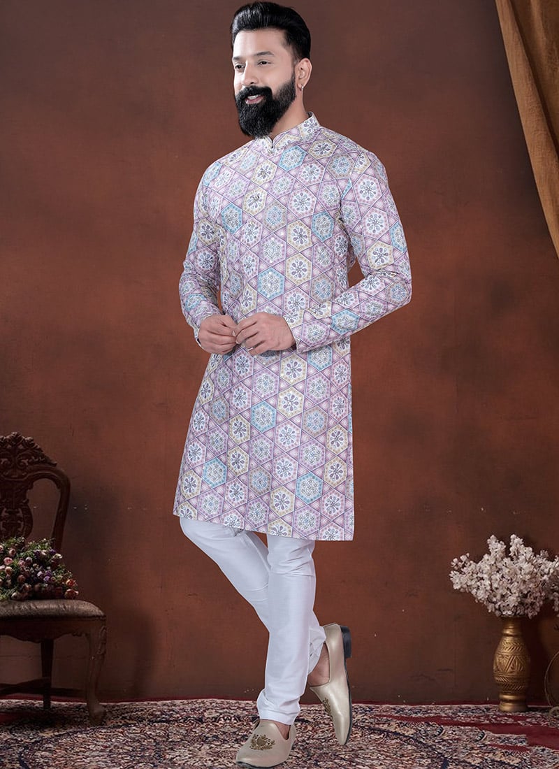 Light Purple Soft Cotton Thread Embroidered Sequins Printed Kurta Pyjama Festive Wear
