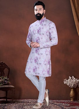 Light Purple Soft Cotton Thread Embroidered Sequins Printed Kurta Pyjama