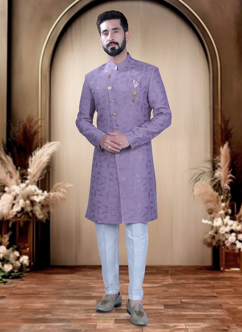 Light Purple Terry Rayon Zari Indowestern Sherwani  For Men Wedding Wear