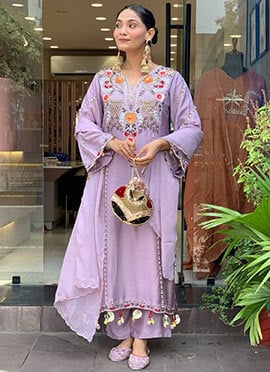 Light Purple Viscose Embroidered Sequins Straight Pant Suit