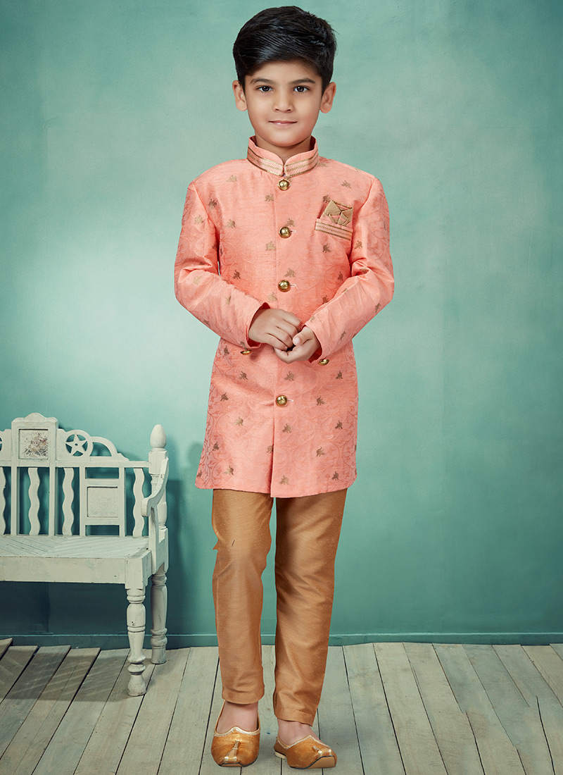 Light Red Art Silk Jacquard Idowestern Sherwani