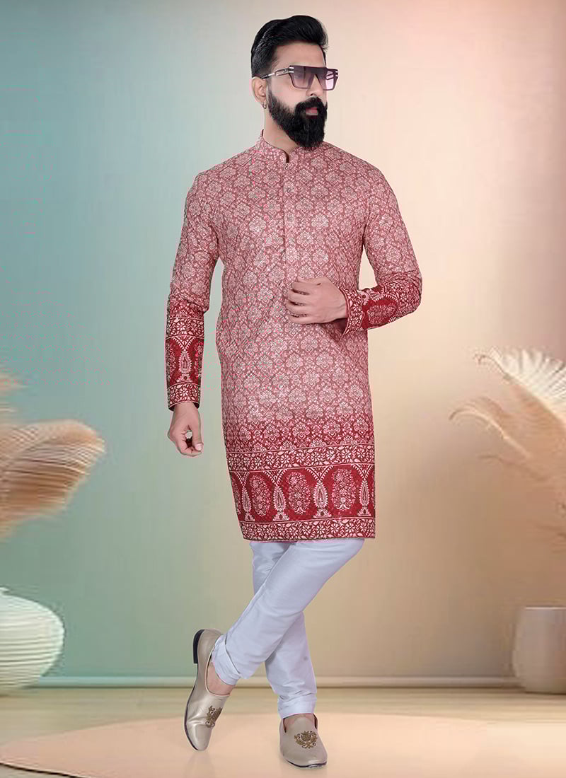 Light Red Soft Cotton Thread Embroidered Sequins Printed Kurta Pyjama