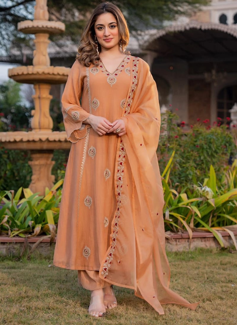 Light Rust Silk Embroidered Palazzo Suit After Six Wear