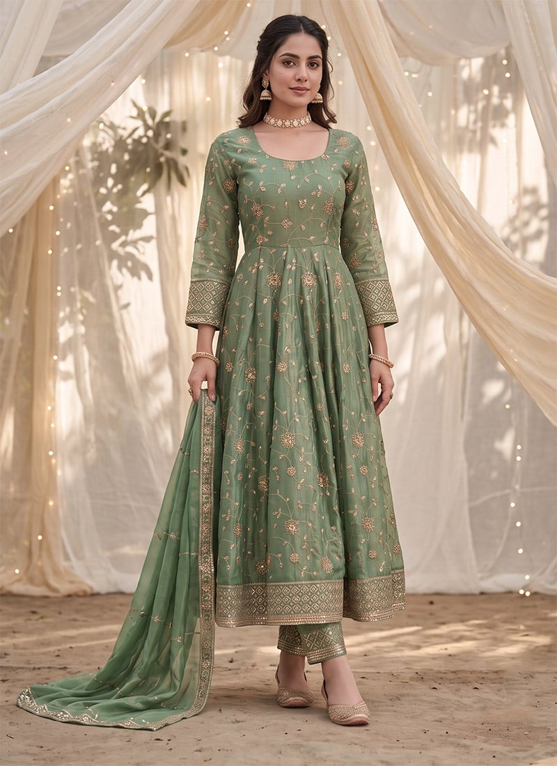 Light Sage Green Fandy Silk Zari Sequins Anarkali Suit Festive Wear