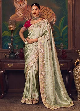 Light Sage Green Silk Zari Embroidered Sequins Beads Stones Thread Saree