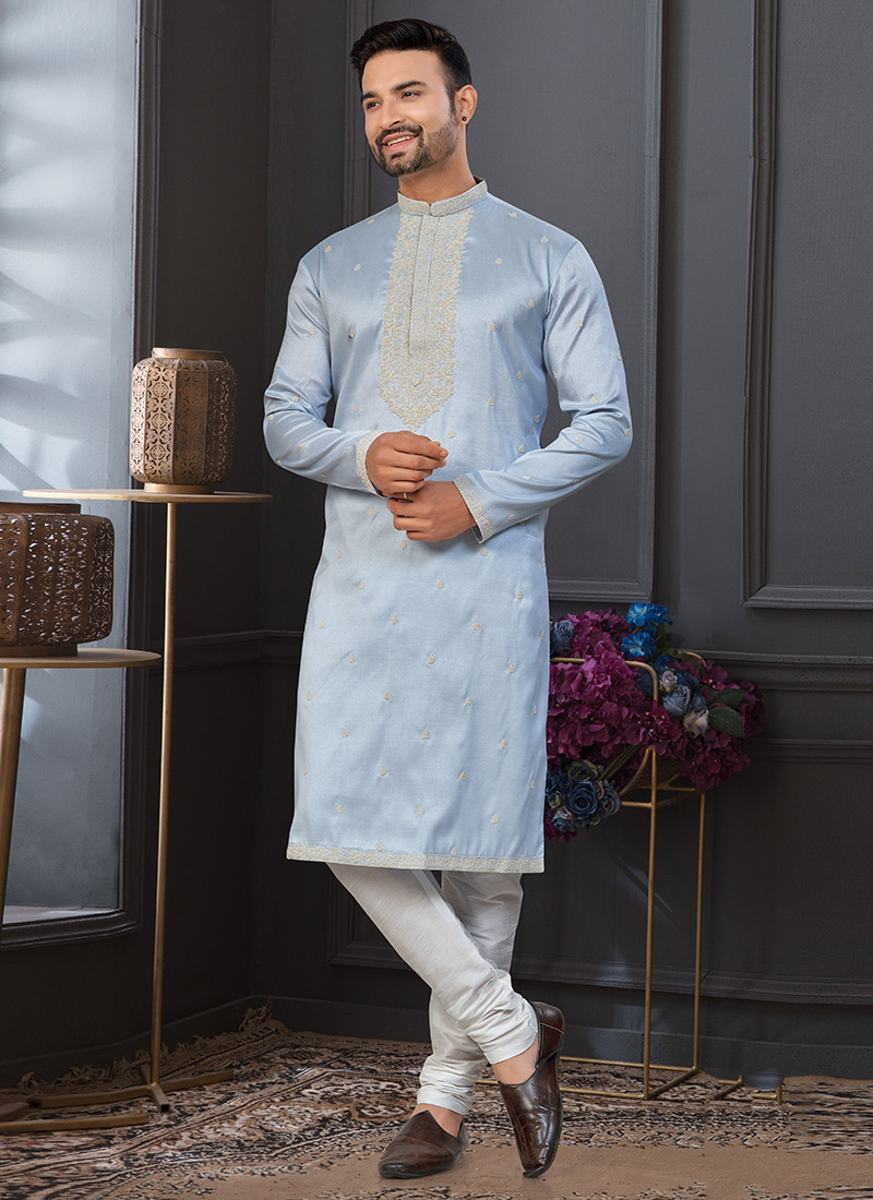 Light Sky Blue Pewor Silk Sequins Embroidered Thread Classic Sherwani Festive Wear