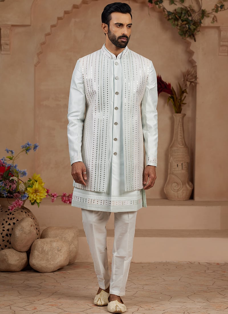 Light Sky Blue Silk Embroidered Sequins Indowestern Sherwani Wedding Wear
