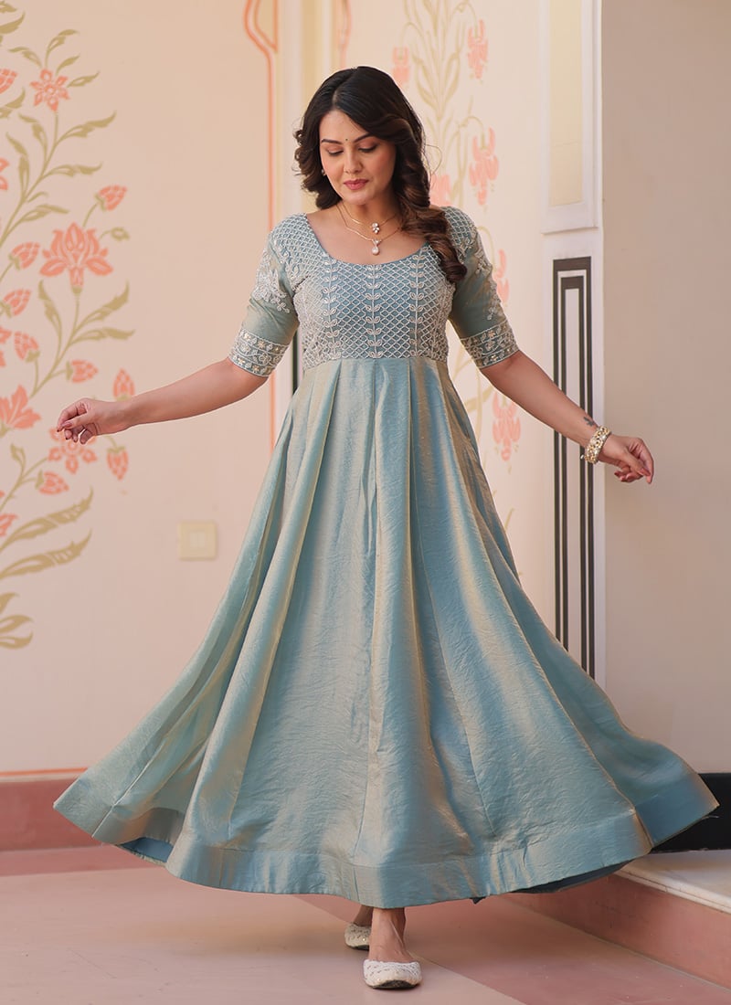 Light Sky Blue Tissue Silk Sequins Beads Anarkali Gown Festive Wear