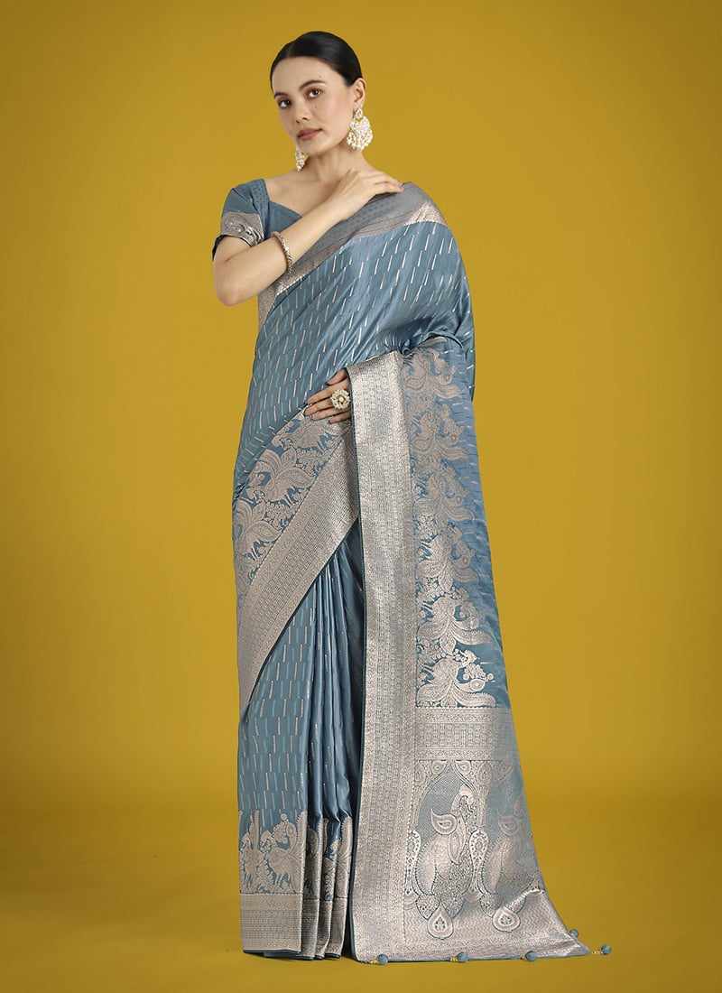 Light Teal Banarasi Silk Zari Woven Saree Festive Wear