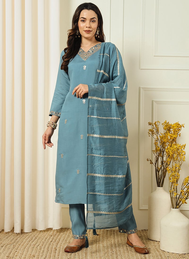 Light Teal Blue Silk Embroidered Straight Pant Suit With Dupatta Party Wear