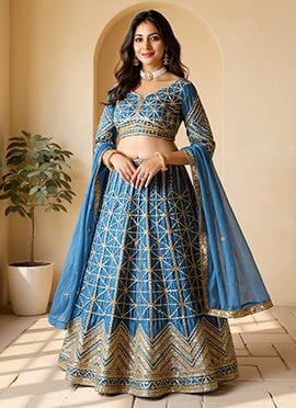 Light Teal Chinon Lehenga Embroidery And Sequins Work