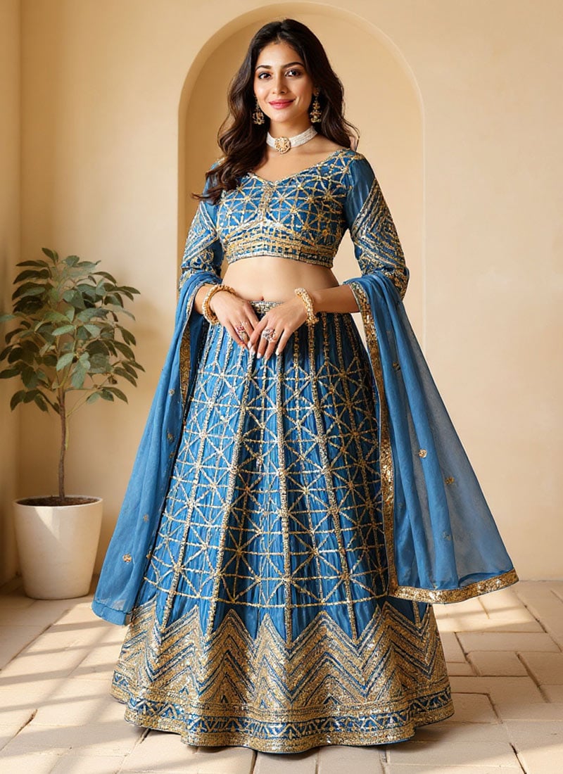 Light Teal Chinon Lehenga Embroidery And Sequins Work Wedding Wear