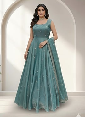Light Teal Fendi Satin Embroidered Sequins And Zari Anarkali Suit