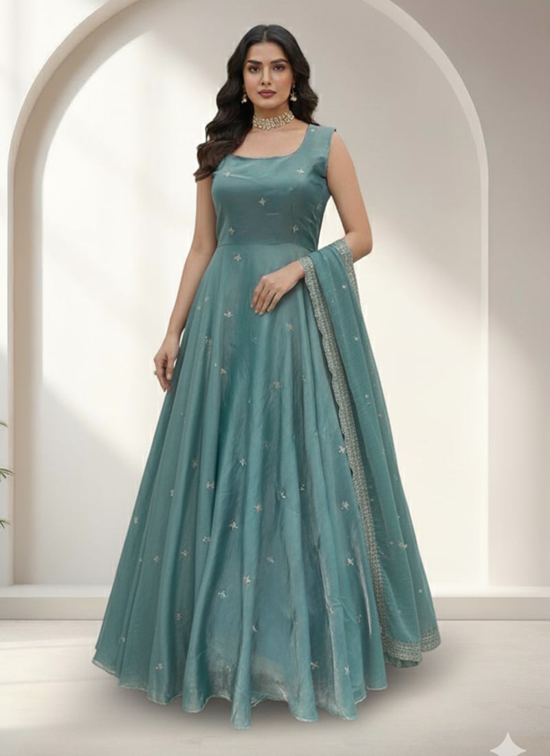Light Teal Fendi Satin Embroidered Sequins And Zari Anarkali Suit Festive Wear