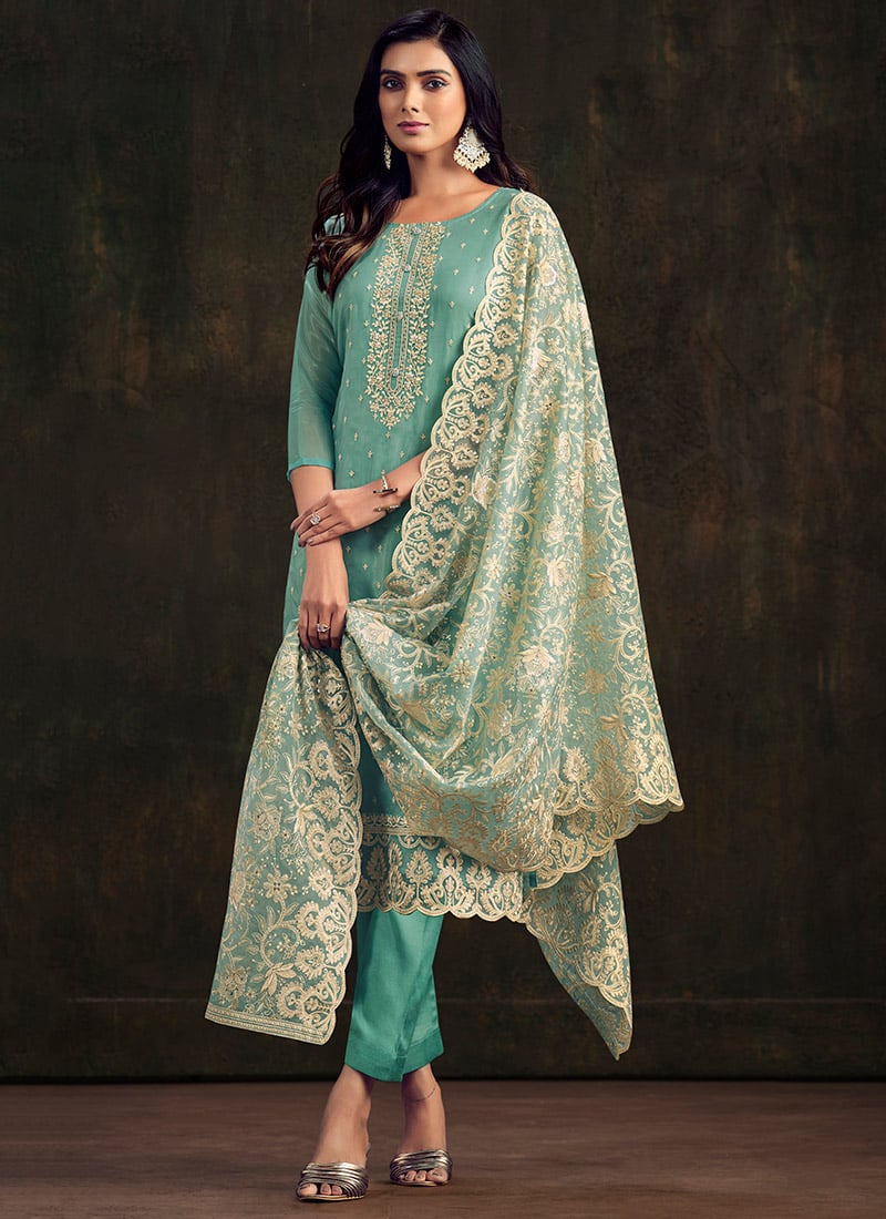 Light Teal Green Organza Sequins Straight Pant Suit