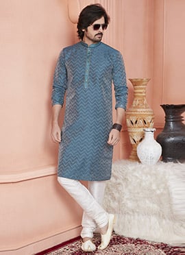 Light Teal Jacquard Banarasi Silk Zari Work Kurta Pyjama For Men