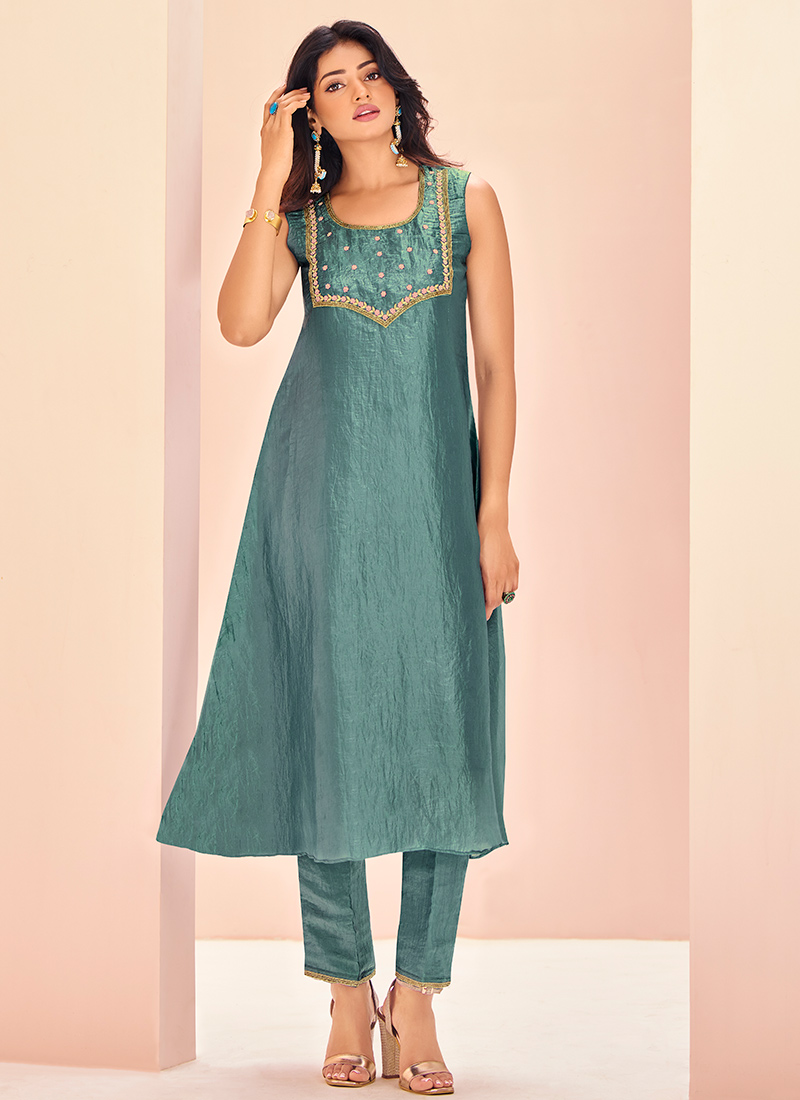 Light Teal Organza Hand Work Kurta Straight Pant Set