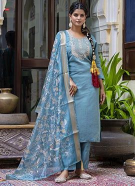 Light Teal Silk Blend Embroidered Straight Pant Suit